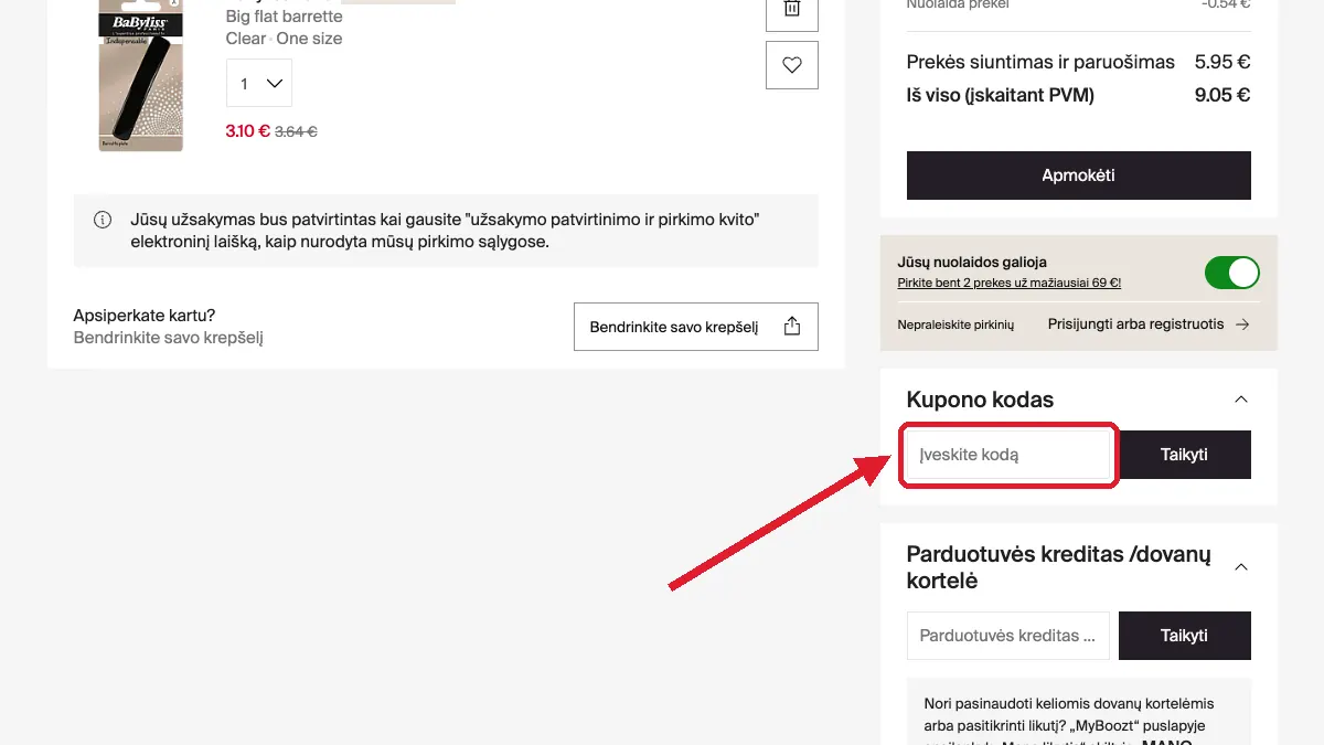 Įveskite kodą prieš užbaigdami pirkimą
