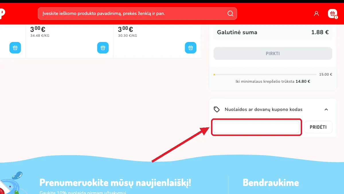 Įveskite kodą krepšelyje