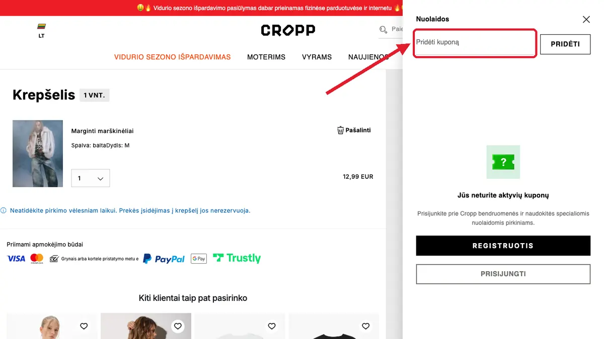 Įveskite kodą krepšelyje