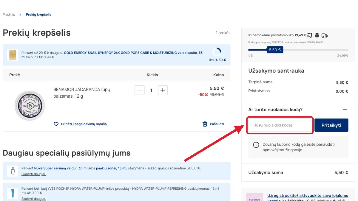 Įveskite kodą atsiskaitymo metu