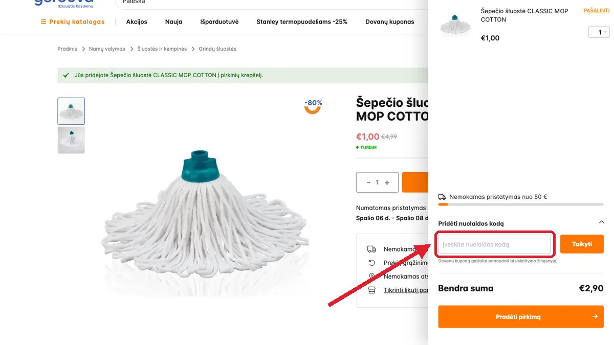 Įveskite kodą prieš apmokėdami