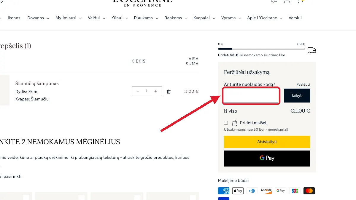 Įveskite kodą atsiskaitymo metu