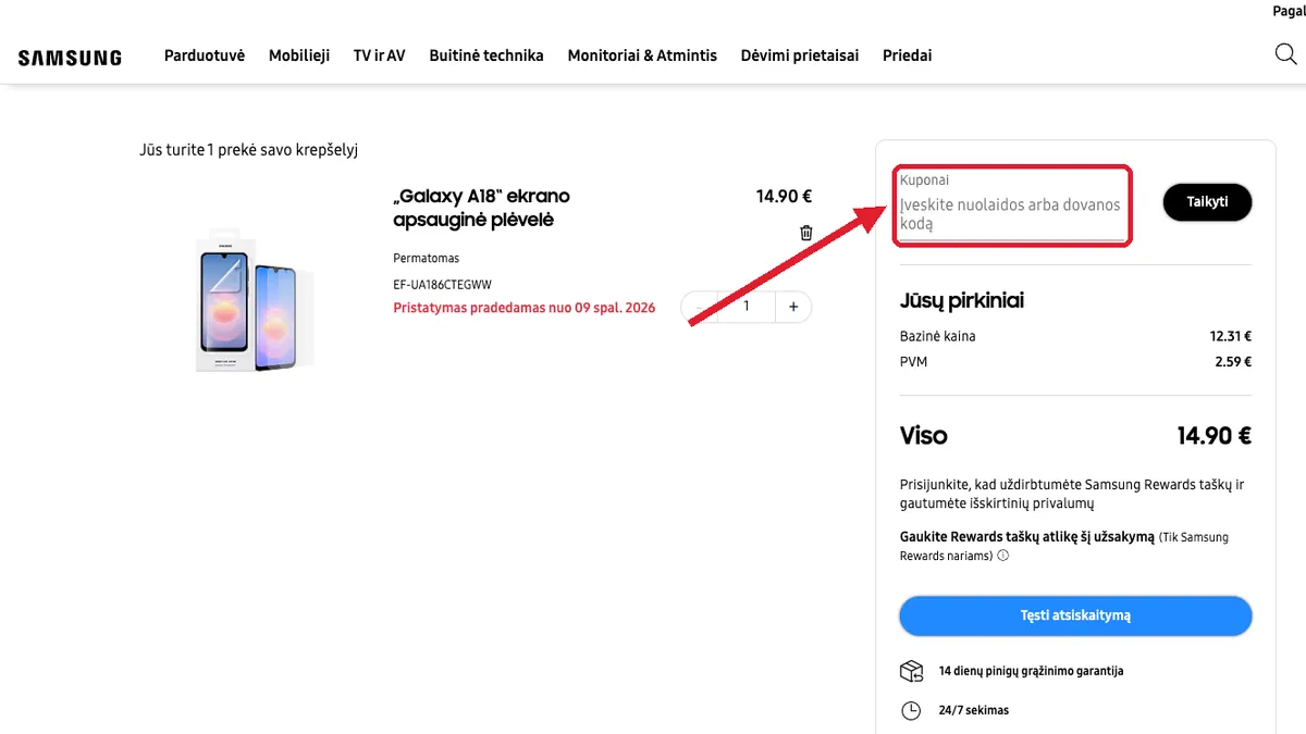 Įveskite kodą atsiskaitymo metu