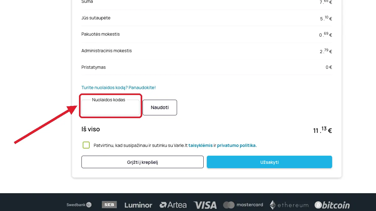 Įveskite kodą užsakymo metu